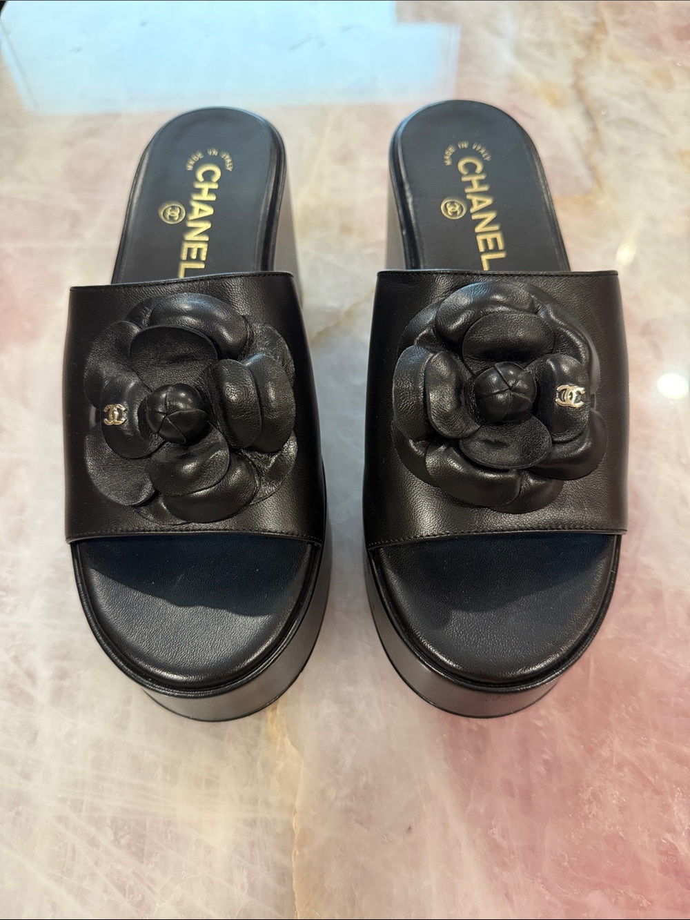 CHANEL Black Leather Camellia Slide Mules
